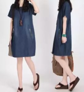 Female Korean Plus-sized Denim Dress Blue