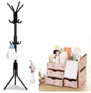 YMJ-008 12 Hooks Hanging Pole Coat Rack Stand (Black) with Multifunction Cosmetics Jewelry Storage Box