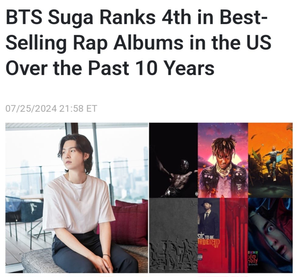 BTS SUGA Ranks 4th in Best-Selling Rap Albums in the US Over the Past 10 Years
